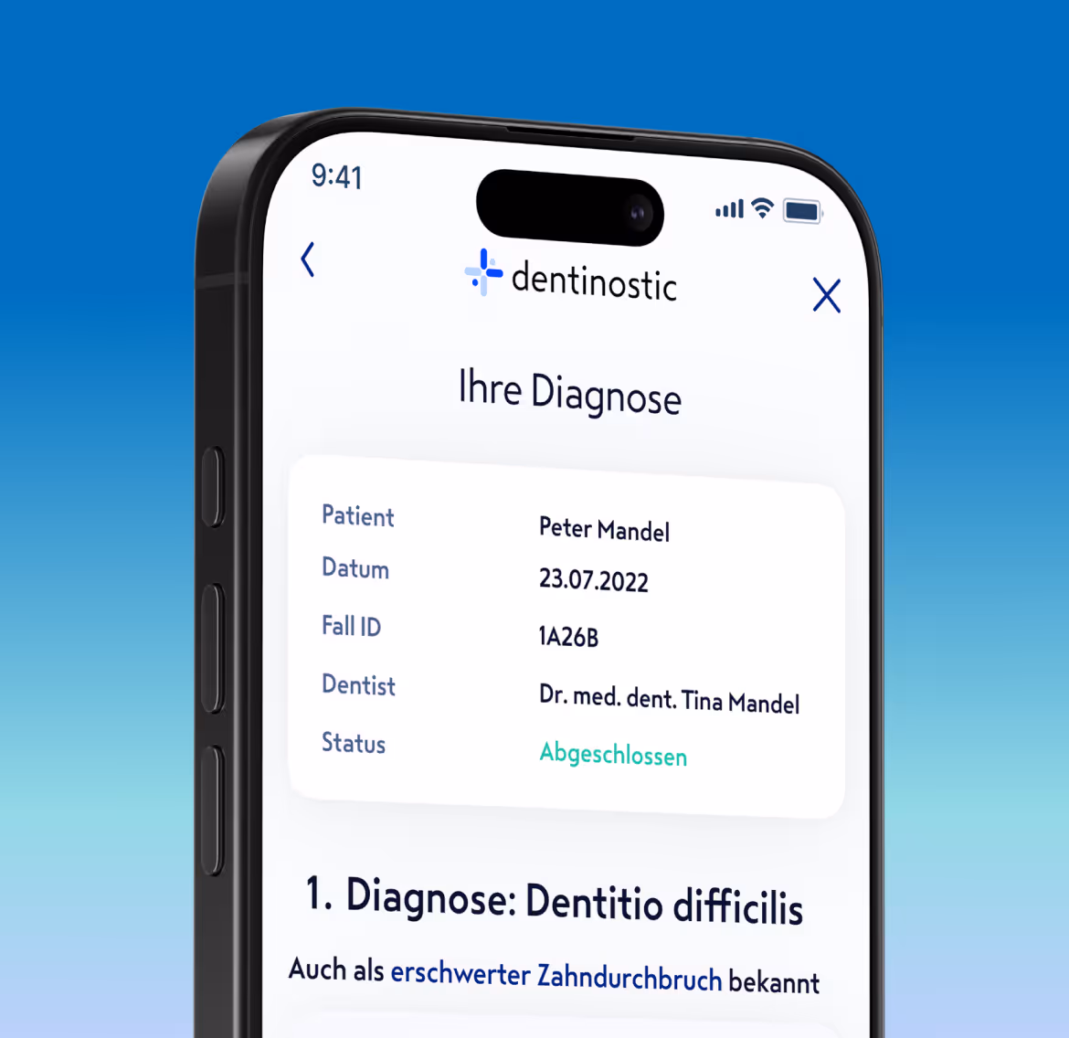 dentinostic App, Diagnose-Übersicht mit Befundbericht